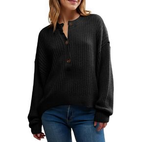 Saodimallsu Womens Henley Sweater Tops Fall Button Crew Neck Long Sleeve Trendy Loose Ribbed Knit Pullover Sweaters in Saudi Arabia