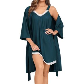 SWOMOG Nightgown and Robe Sets for Women 2 Piece Sleeveless Sexy Lace Strap Pajamas and 3/4 Sleeves Bathrobe with Pockets in Saudi Arabia