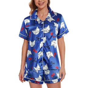 Yijiu Womens Silk Satin Pajama Sets Print Print Short Sleeve Wound Button Down Top and Shorts 2 قطعة PJS Lounge in Kuwait