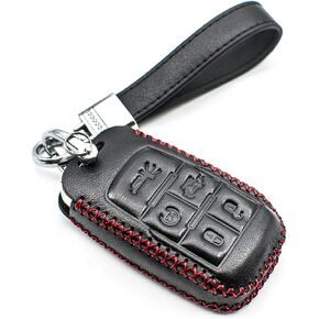 Fit for Dodge Ram 2500 3500 4500 5500 Genuine Leather Smart Key Fob Case Cover Keyless Entry Protector, with Key Chain (5-Button, Black/Red) in Kuwait