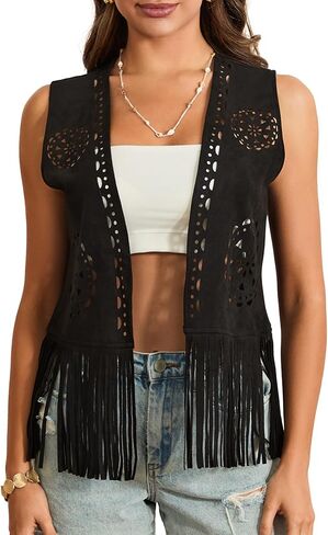 Women's Fuge Faux Suede Vest Open Front Ulcyfeless Tassel Hippie Jacket Summer Vintage Cowgirl perchcoat in Kuwait