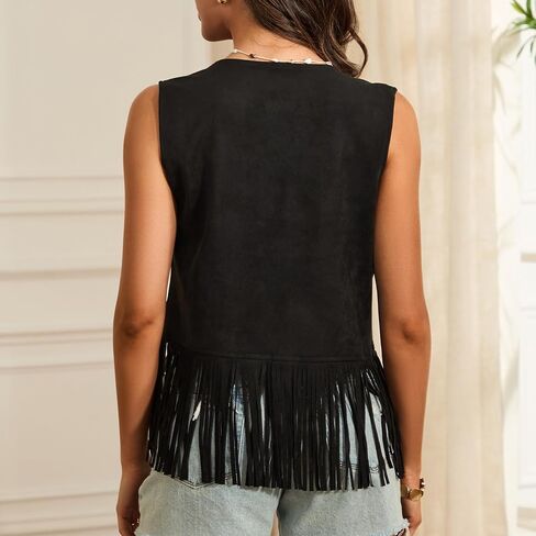 Women's Fuge Faux Suede Vest Open Front Ulcyfeless Tassel Hippie Jacket Summer Vintage Cowgirl perchcoat in Kuwait