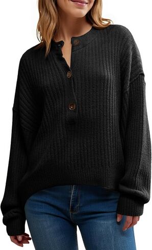 Saodimallsu Womens Henley Sweater Tops Fall Button Crew Neck Long Sleeve Trendy Loose Ribbed Knit Pullover Sweaters in Saudi Arabia