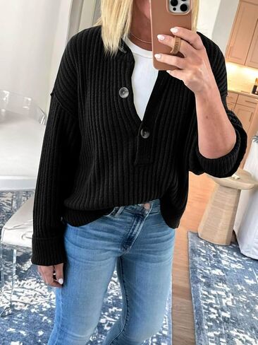 Saodimallsu Womens Henley Sweater Tops Fall Button Crew Neck Long Sleeve Trendy Loose Ribbed Knit Pullover Sweaters in Saudi Arabia