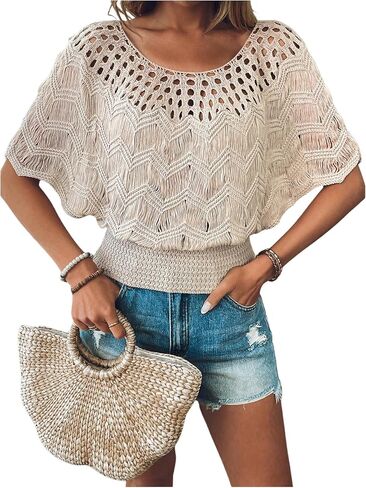 GORGLITTER Women's Crochet Sweaters Knit Top Hollow Out Dolman Short Sleeve Lightweight Pullover Tops in Saudi Arabia