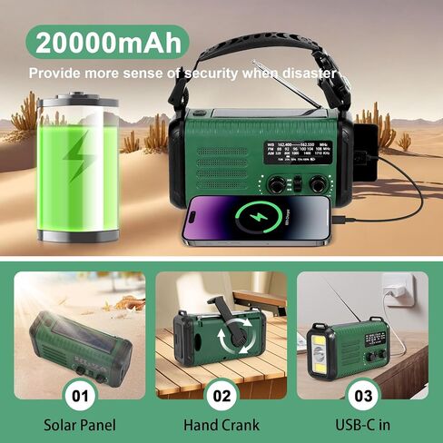Emergency Hand Crank Weather Radio, 20000mAh / 74000mWh AM/FM/NOAA Solar Powered Radio with Phone Charger, LED Flashlight Reading Lamp Headphone Jack, SOS Alarm, Compass for Emergency Hurricane in Saudi Arabia