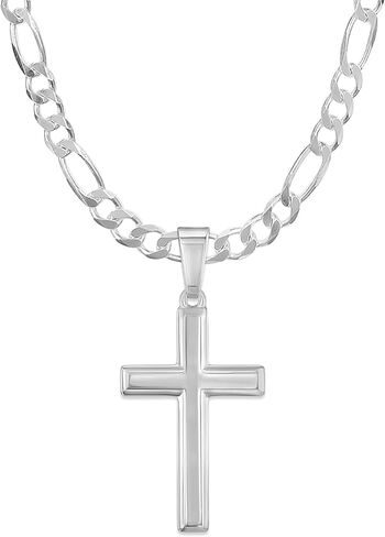 Mens Sterling Silver Traditional Cross Pendant with Italian Figaro Chain Necklace in Saudi Arabia