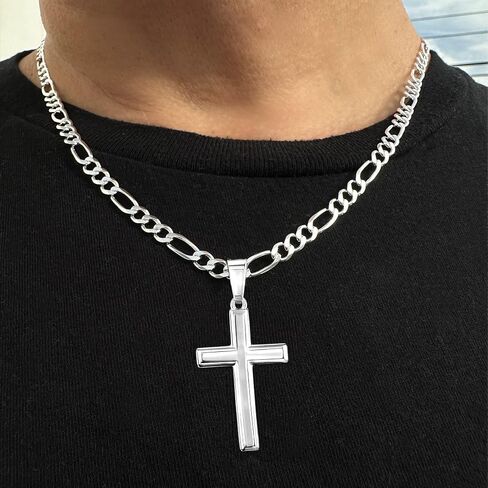 Mens Sterling Silver Traditional Cross Pendant with Italian Figaro Chain Necklace in Saudi Arabia
