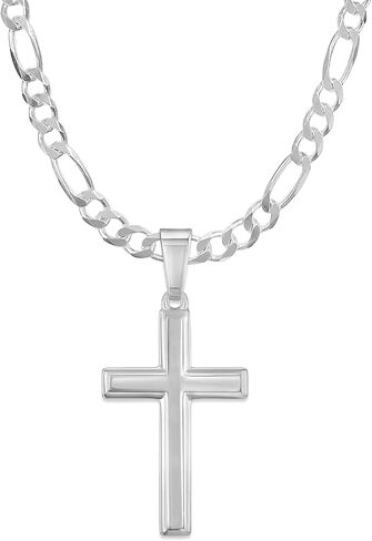 Mens Sterling Silver Traditional Cross Pendant with Italian Figaro Chain Necklace in Saudi Arabia