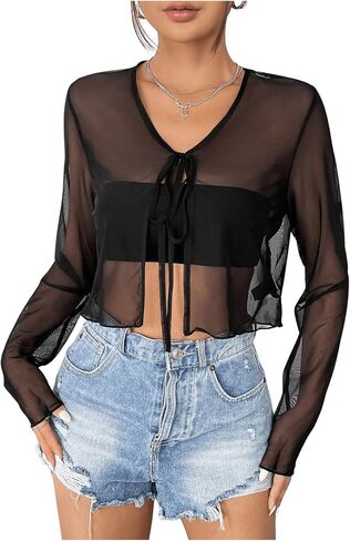 OYOANGLE Women's Sheer Long Sleeve Tie Front Cardigan Lightweight V Neck See Through Mesh Crop Tops in Saudi Arabia