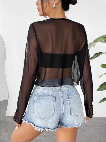 OYOANGLE Women's Sheer Long Sleeve Tie Front Cardigan Lightweight V Neck See Through Mesh Crop Tops in Saudi Arabia