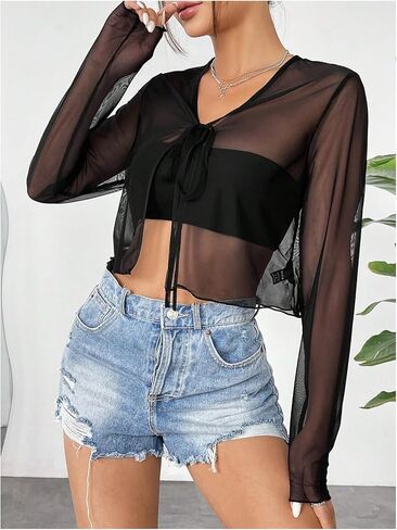 OYOANGLE Women's Sheer Long Sleeve Tie Front Cardigan Lightweight V Neck See Through Mesh Crop Tops in Saudi Arabia