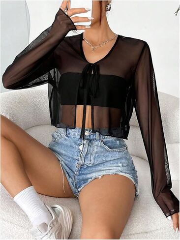 OYOANGLE Women's Sheer Long Sleeve Tie Front Cardigan Lightweight V Neck See Through Mesh Crop Tops in Saudi Arabia