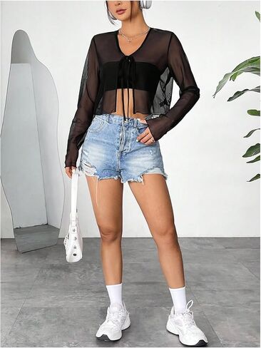 OYOANGLE Women's Sheer Long Sleeve Tie Front Cardigan Lightweight V Neck See Through Mesh Crop Tops in Saudi Arabia