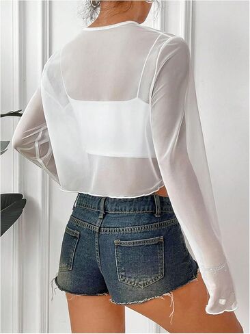 OYOANGLE Women's Sheer Long Sleeve Tie Front Cardigan Lightweight V Neck See Through Mesh Crop Tops in Saudi Arabia
