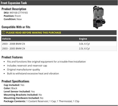 Front Radiator Coolant Overflow Expansion Tank with Cap and Sensor - Compatible with 2003-2008 BMW Z4 in Saudi Arabia