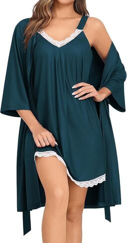 مجموعات ثوب نوم و ROBE SWOMOG للنساء المكون من 2 قطعة مثيرة من الدانتيل حزام بيجامات و 3/4 أكمام حمام مع جيوب in Saudi Arabia