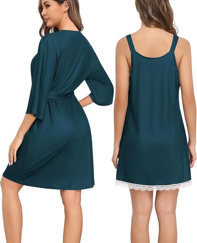 مجموعات ثوب نوم و ROBE SWOMOG للنساء المكون من 2 قطعة مثيرة من الدانتيل حزام بيجامات و 3/4 أكمام حمام مع جيوب in Saudi Arabia