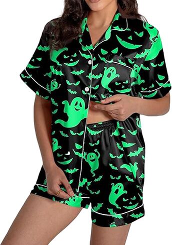 Ruewey Halloween Womens Pajamas Set Ghost Pumpkin Print Short Sleeve Button Down Down 2 Piece Loungewear Sets Sleepwear in Kuwait