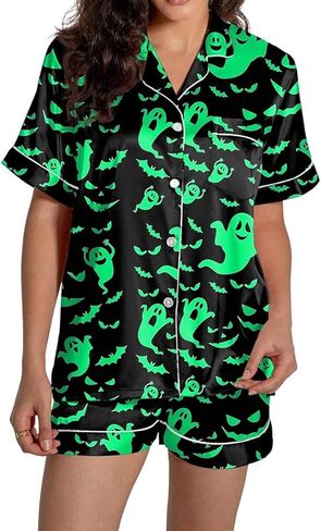 Ruewey Halloween Womens Pajamas Set Ghost Pumpkin Print Short Sleeve Button Down Down 2 Piece Loungewear Sets Sleepwear in Kuwait