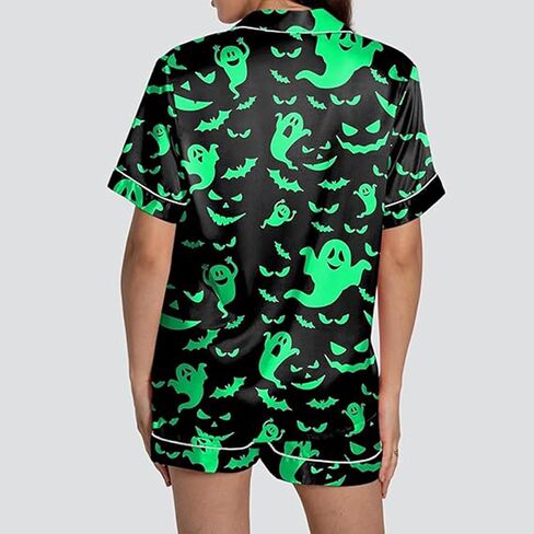 Ruewey Halloween Womens Pajamas Set Ghost Pumpkin Print Short Sleeve Button Down Down 2 Piece Loungewear Sets Sleepwear in Kuwait