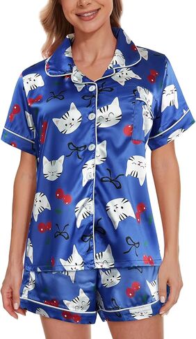 Yijiu Womens Silk Satin Pajama Sets Print Print Short Sleeve Wound Button Down Top and Shorts 2 قطعة PJS Lounge in Saudi Arabia
