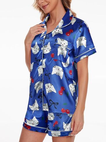 Yijiu Womens Silk Satin Pajama Sets Print Print Short Sleeve Wound Button Down Top and Shorts 2 قطعة PJS Lounge in Saudi Arabia