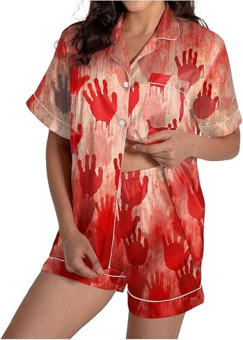 Ruewey Halloween Womens Pajamas Set Ghost Pumpkin Print Short Sleeve Button Down Down 2 Piece Loungewear Sets Sleepwear in Kuwait