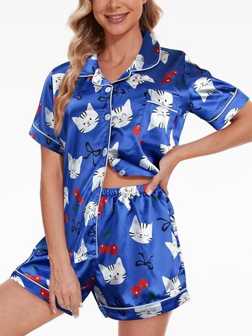 Yijiu Womens Silk Satin Pajama Sets Print Print Short Sleeve Wound Button Down Top and Shorts 2 قطعة PJS Lounge in Saudi Arabia