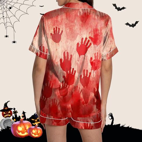 Ruewey Halloween Womens Pajamas Set Ghost Pumpkin Print Short Sleeve Button Down Down 2 Piece Loungewear Sets Sleepwear in Kuwait