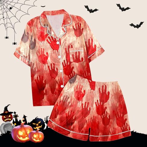 Ruewey Halloween Womens Pajamas Set Ghost Pumpkin Print Short Sleeve Button Down Down 2 Piece Loungewear Sets Sleepwear in Kuwait
