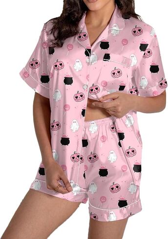 Ruewey Halloween Womens Pajamas Set Ghost Pumpkin Print Short Sleeve Button Down Down 2 Piece Loungewear Sets Sleepwear in Kuwait