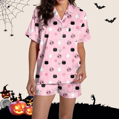 Ruewey Halloween Womens Pajamas Set Ghost Pumpkin Print Short Sleeve Button Down Down 2 Piece Loungewear Sets Sleepwear in Kuwait