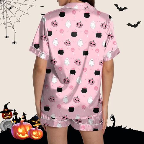 Ruewey Halloween Womens Pajamas Set Ghost Pumpkin Print Short Sleeve Button Down Down 2 Piece Loungewear Sets Sleepwear in Kuwait