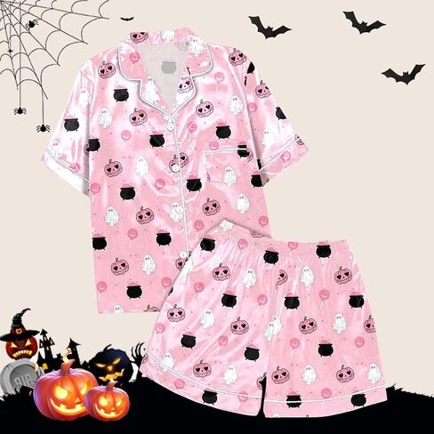 Ruewey Halloween Womens Pajamas Set Ghost Pumpkin Print Short Sleeve Button Down Down 2 Piece Loungewear Sets Sleepwear in Kuwait