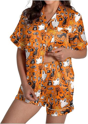 Ruewey Halloween Womens Pajamas Set Ghost Pumpkin Print Short Sleeve Button Down Down 2 Piece Loungewear Sets Sleepwear in Kuwait