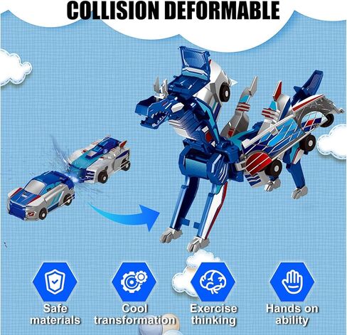 Dinosaur Transformer Car Toy，Automatic Transformer Toy Collision Transforming Car，Cars That Turn Into Dinosaur，for Car Transformer Dinosaur Toys Boys and Girls (Blue Dragon) in Kuwait