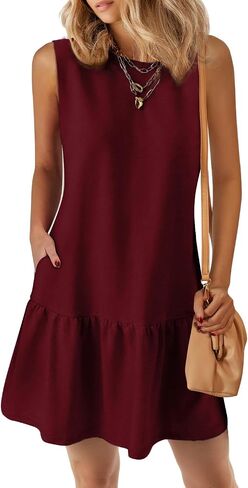 PRETTYGARDEN Casual Short Summer Dresses for Women 2025 Sleeveless Crewneck Cute Ruffle Loose Vacation Mini Tshirt Dress in Saudi Arabia