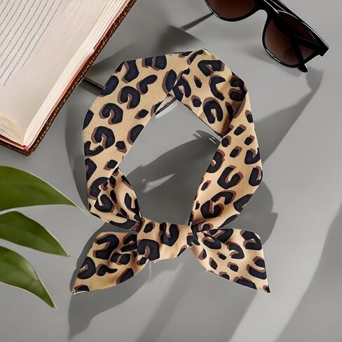 Brown Leopard Neck Tie, Women's Fashion Scarves Chic Skinny Scarf Hairband Stylish Purse Scarf Leopard Accessory, Elegant Silk Feeling Head Scarf in Saudi Arabia