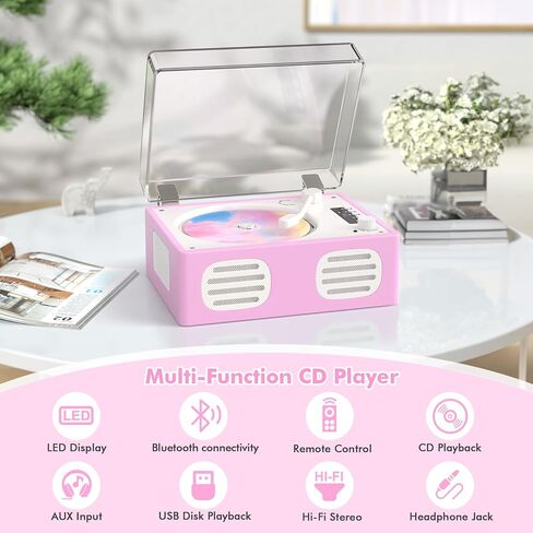 Portable Bluetooth CD Player with Speaker, Retro CD Player, LED Screen, USB Playback, AUX Input/Output, Rechargeable, Perfect for Home Decoration, Remote Control, and Home Entertainment in Kuwait