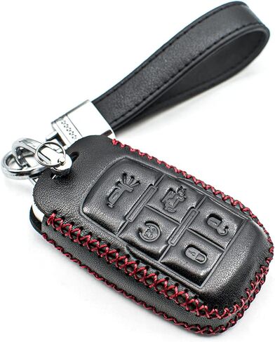 Fit for Dodge Ram 2500 3500 4500 5500 Genuine Leather Smart Key Fob Case Cover Keyless Entry Protector, with Key Chain (5-Button, Black/Red) in Kuwait