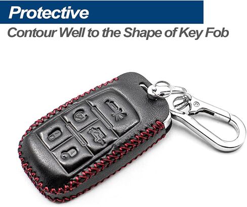 Fit for Dodge Ram 2500 3500 4500 5500 Genuine Leather Smart Key Fob Case Cover Keyless Entry Protector, with Key Chain (5-Button, Black/Red) in Kuwait