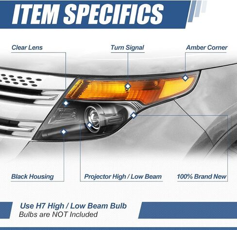 Auto Dynasty المصابيح الأمامية مجموعة متوافقة مع 2011 2012 2013 2014 2015 Ford Explorer 5th Gen U502 ، زوج من المصابيح الأمامية الأمامية ، سائق وركاب ، زاوية أمبر Chrome Housing Corner in Kuwait