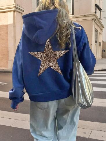 Baonmy Star Graphic Hoodies Y2k Leopard Print Oversized Fleece Hoodie Long Sleeve Pullover Sweatshirt for Women Streetwear in Kuwait