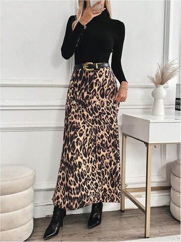SOLY HUX Women's Leopard Print Maxi Skirt High Waisted Casual Long Skirts in Saudi Arabia