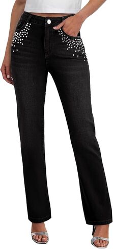 Sidefeel Women's Straight Leg Jeans High Waisted Stretchy Rhinestone Wide Leg Denim Pants in Saudi Arabia