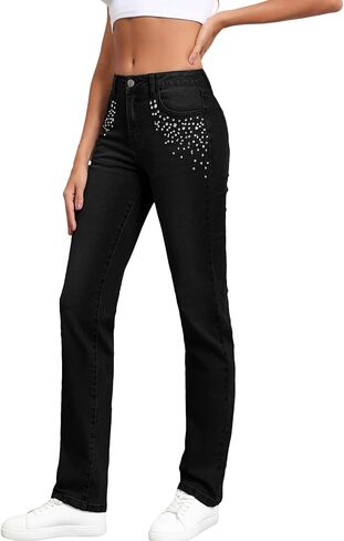 Sidefeel Women's Straight Leg Jeans High Waisted Stretchy Rhinestone Wide Leg Denim Pants in Saudi Arabia