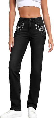 Sidefeel Women's Straight Leg Jeans High Waisted Stretchy Rhinestone Wide Leg Denim Pants in Saudi Arabia
