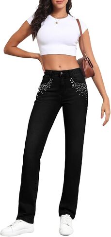 Sidefeel Women's Straight Leg Jeans High Waisted Stretchy Rhinestone Wide Leg Denim Pants in Saudi Arabia
