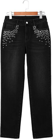 Sidefeel Women's Straight Leg Jeans High Waisted Stretchy Rhinestone Wide Leg Denim Pants in Saudi Arabia